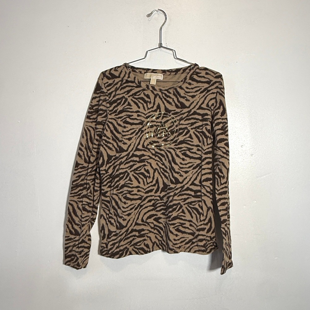 Michael Kors Top Women Large Tan Brown Excellent Animal Print Rhinestone Logo